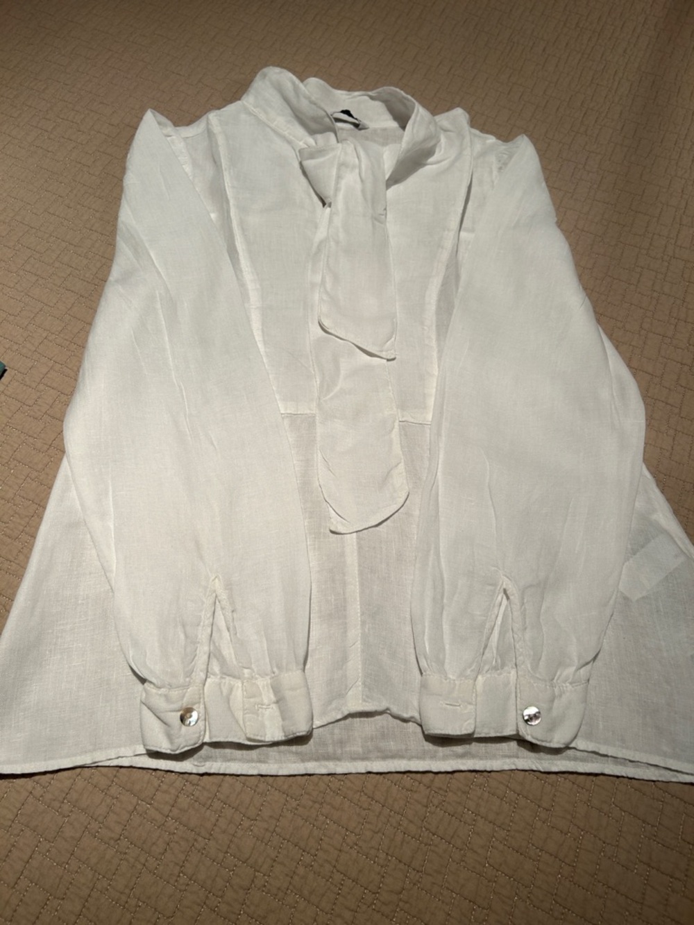 Zara White Linen Bow Tie-Neck Blouse